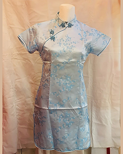 小花のチャイナ ドレス ショートタイプ 改良バージョン 水色 神戸南京町ミズ倶楽部センター